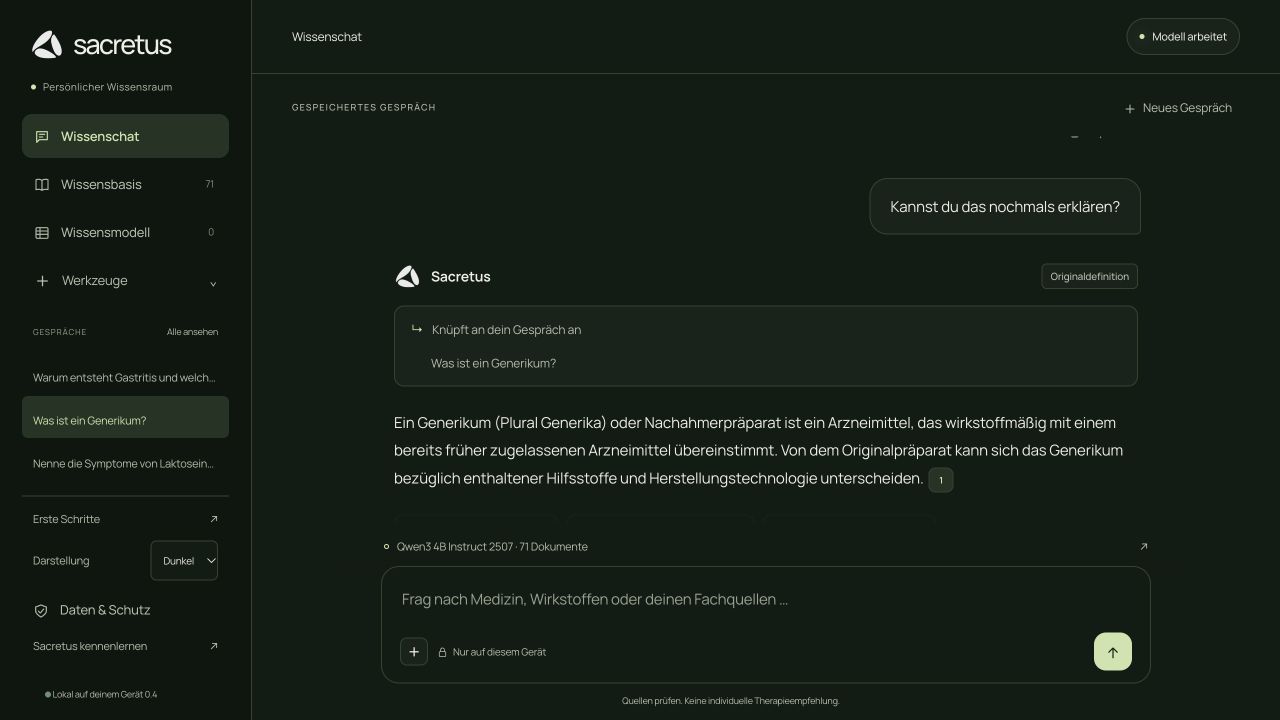 Anschlussfrage mit sichtbarem Gesprächsbezug und Quellenantwort.