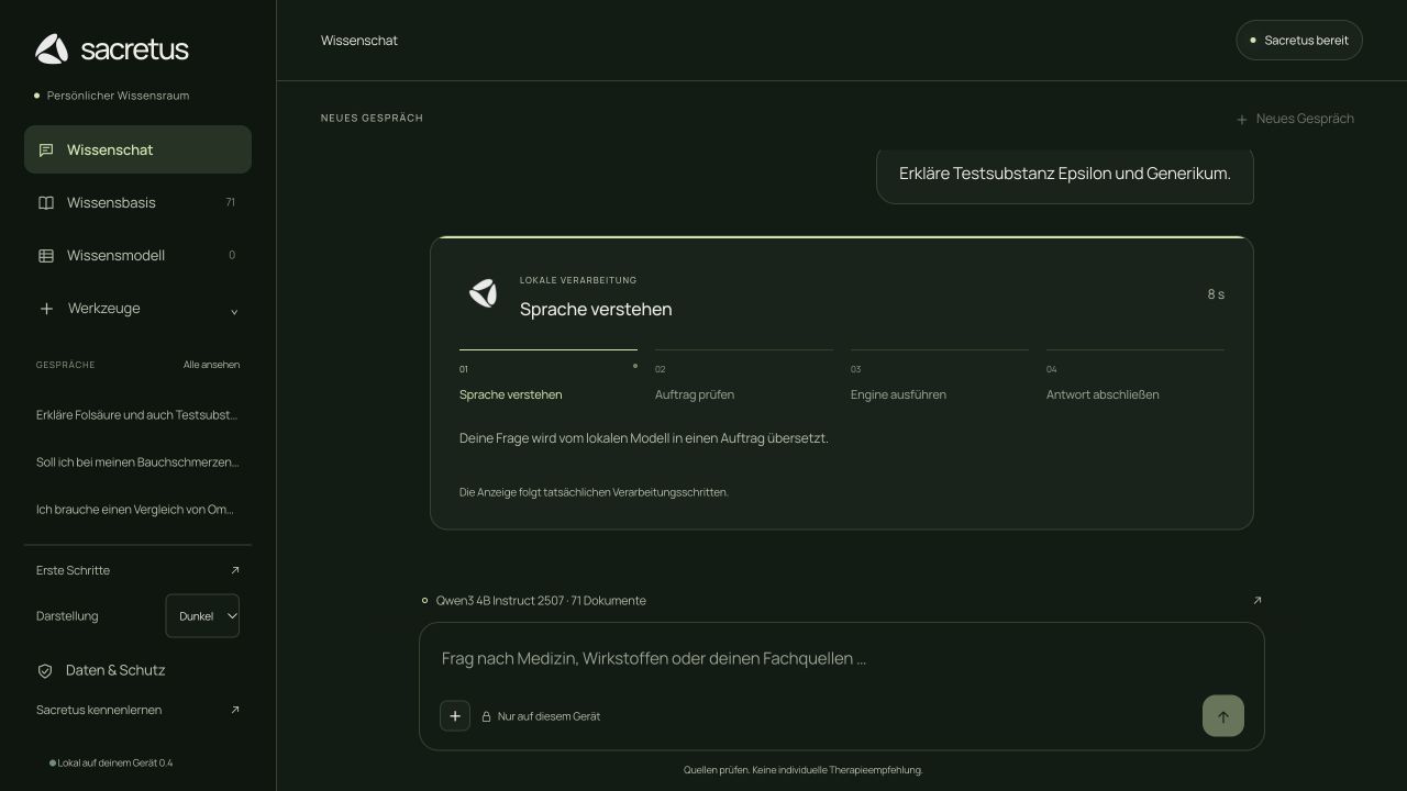 Tatsächliche Anfrage während der lokalen Sprachverarbeitung mit sichtbaren Ausführungsschritten.