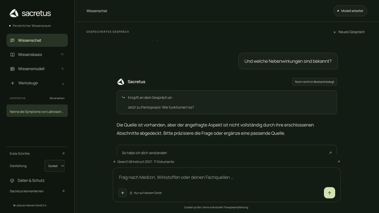 Korrekt auf Pantoprazol bezogene Anschlussfrage mit ausdrücklich offener Wissenslücke zu Nebenwirkungen.