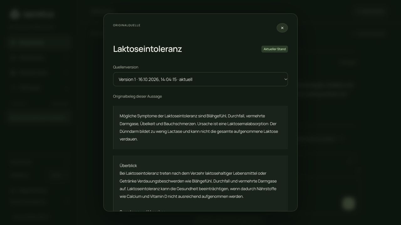 Geöffneter Quellendialog mit Fundstelle, Herkunft und gespeicherter Version.