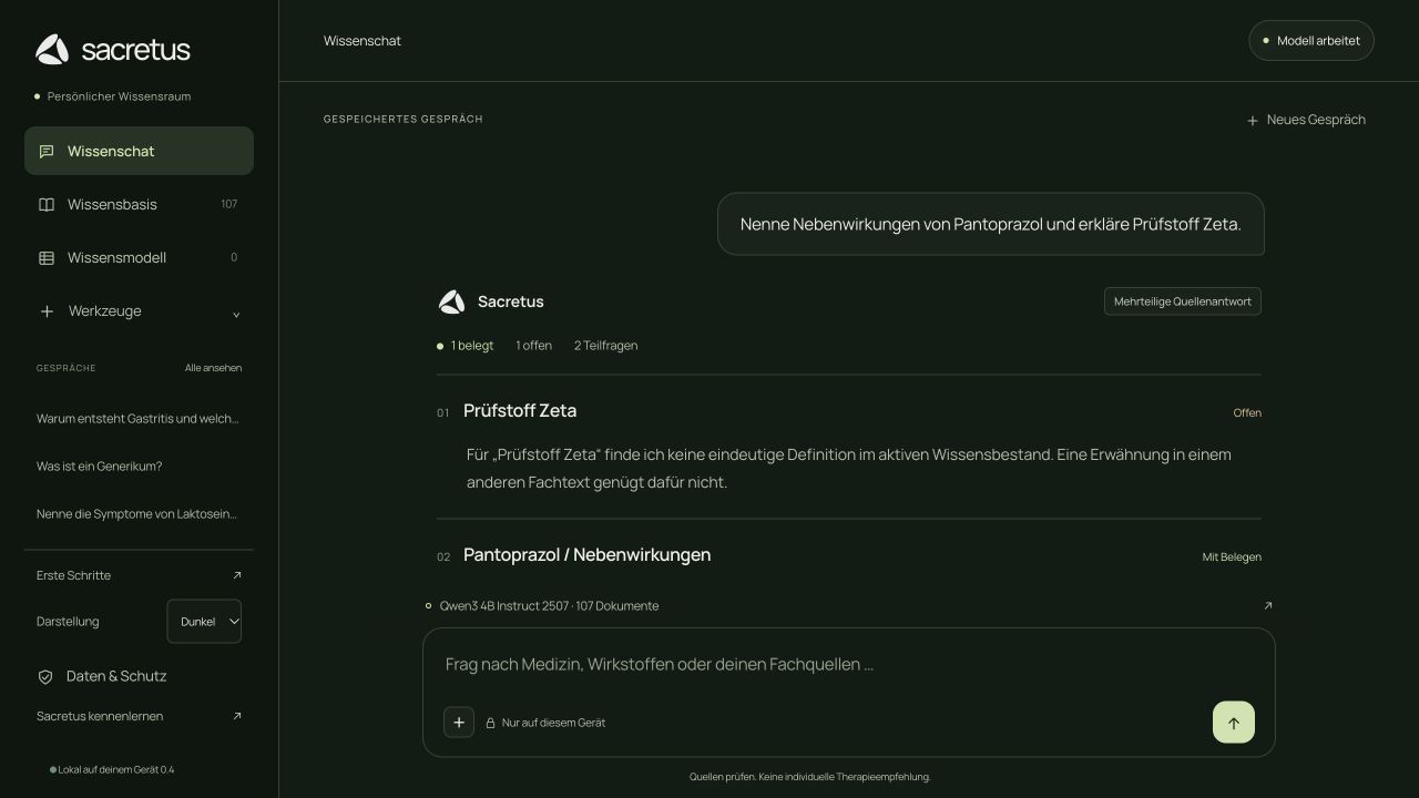 Die App zeigt einen belegten und einen offenen Frageteil; für den künstlichen Prüfstoff Zeta fehlt eine eindeutige Definition.